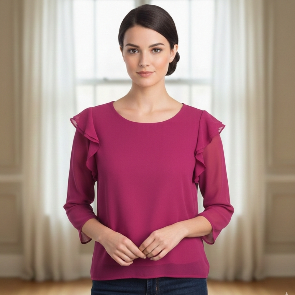 Banana Republic Women's Romantic Feminine Fuchsia Ruffle-Sleeve Blouse Size M - Picture 1 of 5
